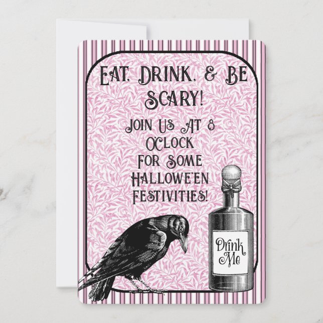Invitación Cuervo Cuervo Negro Rosa Halloween (Anverso)