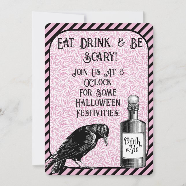 Invitación Cuervo Cuervo Negro Rosa Halloween (Anverso)