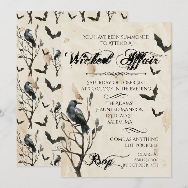 Invitación Cuervo de la acuarela y fiesta de Halloween de los (Anverso / Reverso)