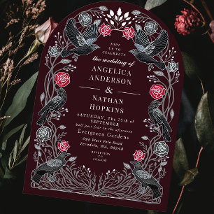 Invitación Cuervo Encantado Rosas Negras Rojas Bodas Góticas 
