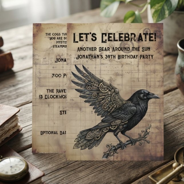 Invitación Cuervo Steampunk Gótico (Sepia steampunk raven invitation card for adult birthday celebration.)