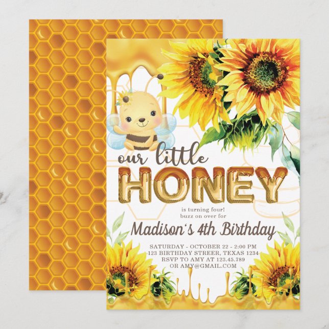Invitación Cuesta de girasol de cumpleaños de Honey Bee (Anverso / Reverso)