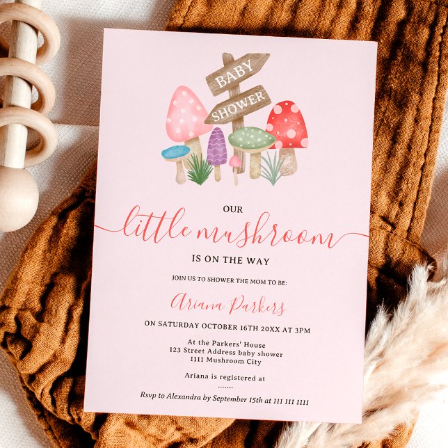 Invitación Cuesta otoño hadas de hadas de madera hongos bebé  (Cute fall fairy woodland mushrooms baby shower invitation on light pink)