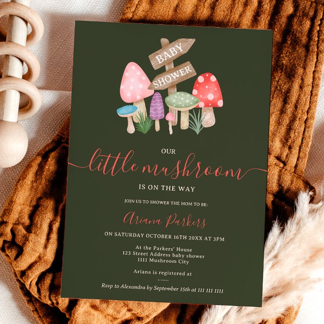 Invitación Cuesta otoño hadas de hadas de madera hongos bebé  (Cute fall fairy woodland mushrooms baby shower invitation on dark green)