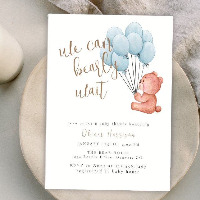 Invitación Cuesta que podemos esperar a Baby Shower con globo (Cute We Can Bearly Wait Blue Balloon Baby Shower Invitation)