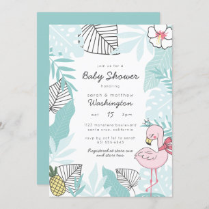 Invitación Cuestas de hojas tropicales  Flamingo Baby Shower