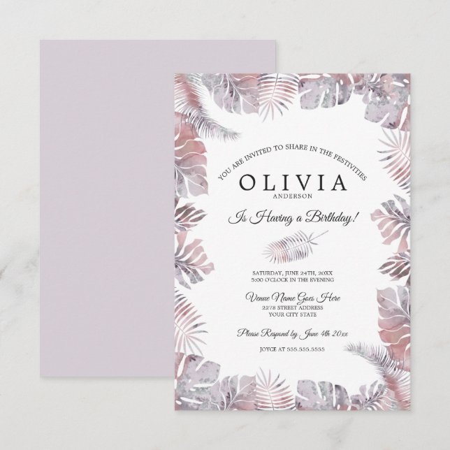 Invitación Cuevas tropicales acuarela Cumpleaños Rosa Mauve (Anverso / Reverso)
