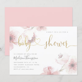 Invitación Cuidad de cerezo Blossom Gold Script Floral Baby S