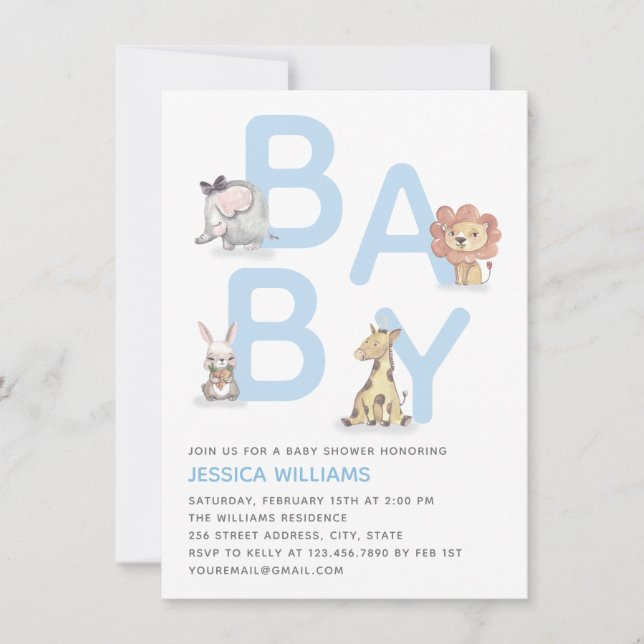 Invitación Cuidada acuarela Animal Blue Boy Baby Shower (Anverso)