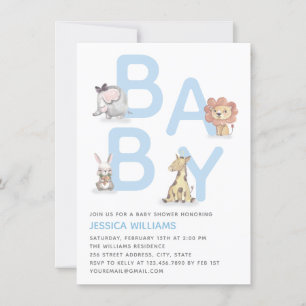 Invitación Cuidada acuarela Animal Blue Boy Baby Shower