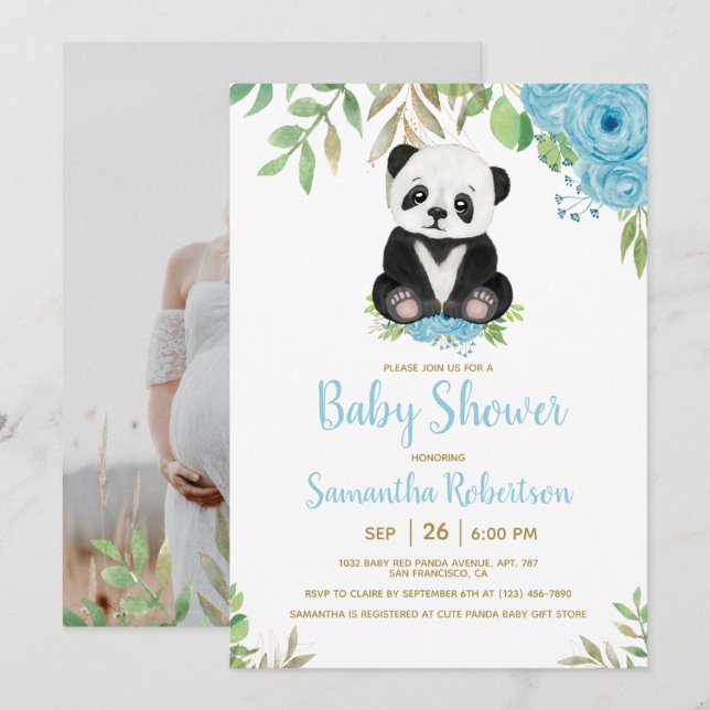 Invitación Cuidada acuarela azul oso foto de Baby Shower (Anverso / Reverso)