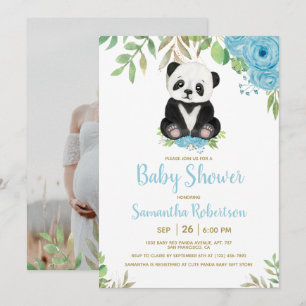 Invitación Cuidada acuarela azul oso foto de Baby Shower