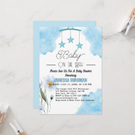 Invitación Cuidada acuarela azul y flor de la ducha bebé