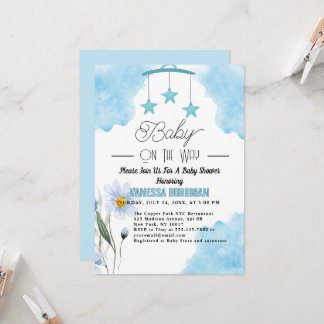 Invitación Cuidada acuarela azul y flor de la ducha bebé