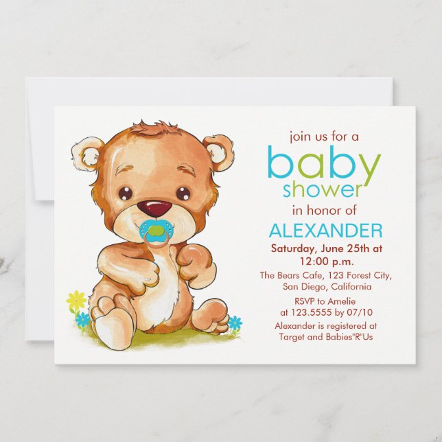 Invitación Cuidada acuarela Baby Bear Boy Baby Shower (Anverso)