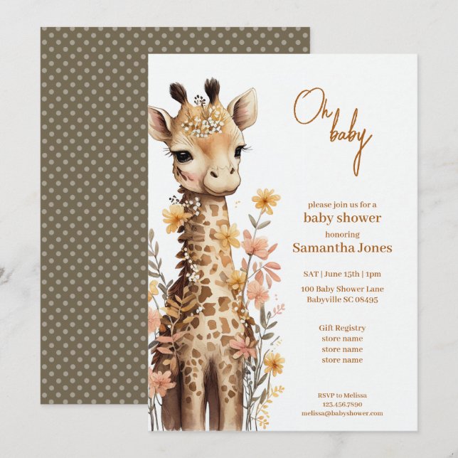 Invitación Cuidada acuarela Baby Giraffe Baby Shower (Anverso / Reverso)