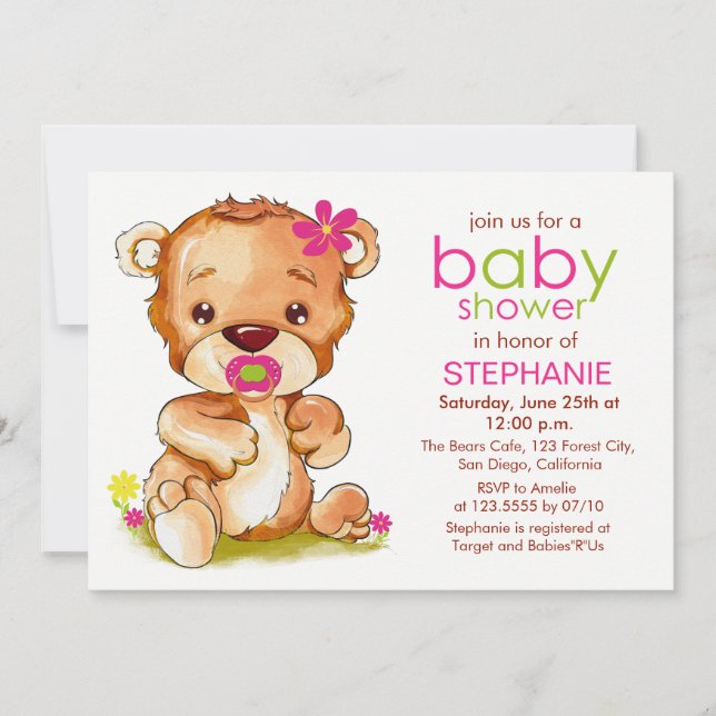 Invitación Cuidada acuarela Bear Chica Baby Shower (Anverso)