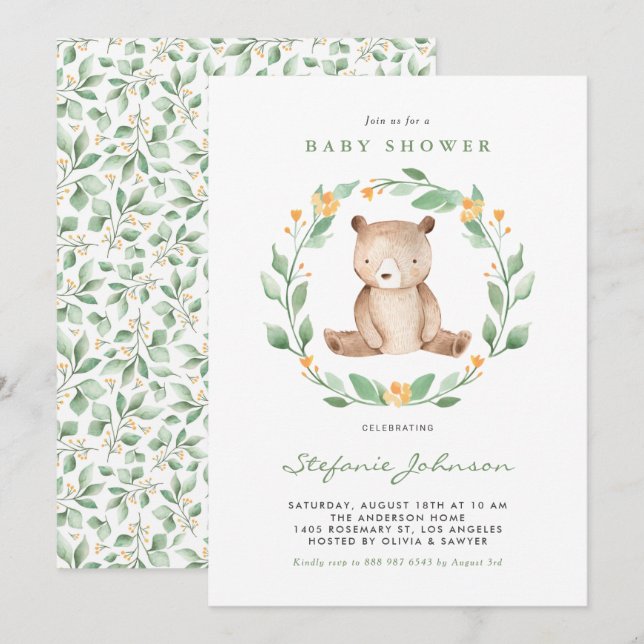 Invitación Cuidada acuarela Bear Woodland Baby Shower (Anverso / Reverso)