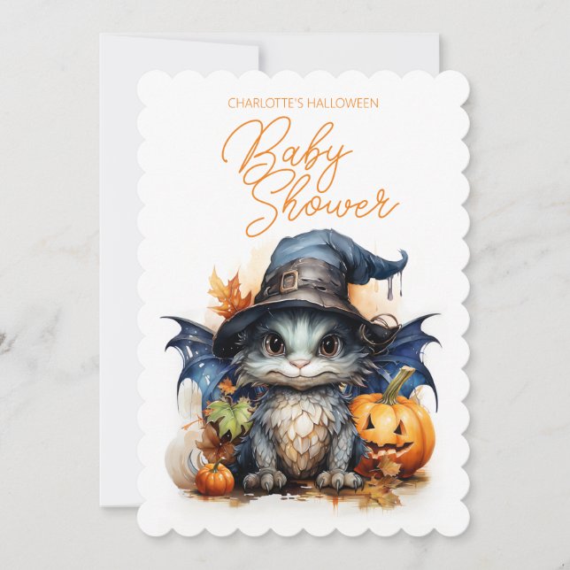 Invitación Cuidada acuarela bebé Dragon Halloween Baby Shower (Anverso)
