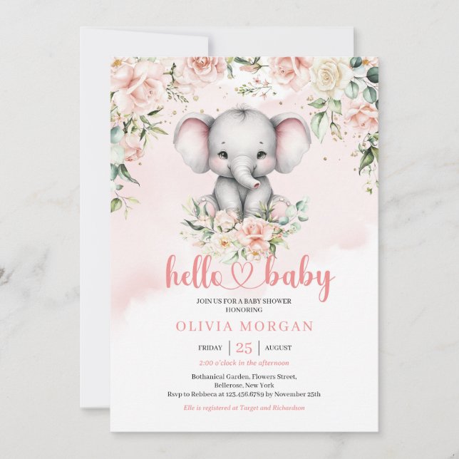 Invitación Cuidada acuarela bebe elefante azafrán floral (Anverso)