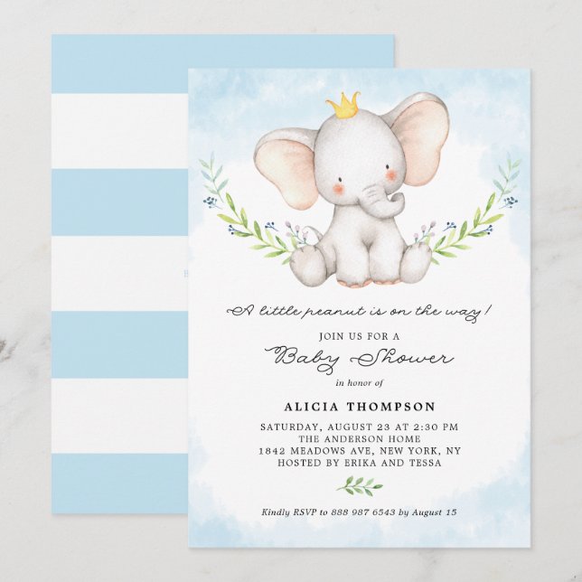 Invitación Cuidada acuarela bebé elefante Baby Shower (Anverso / Reverso)