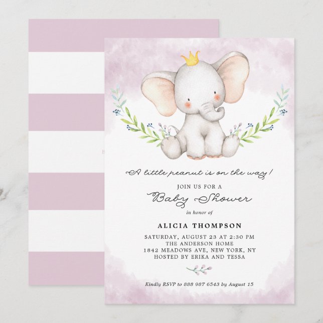 Invitación Cuidada acuarela bebé elefante Chica Baby Shower (Anverso / Reverso)