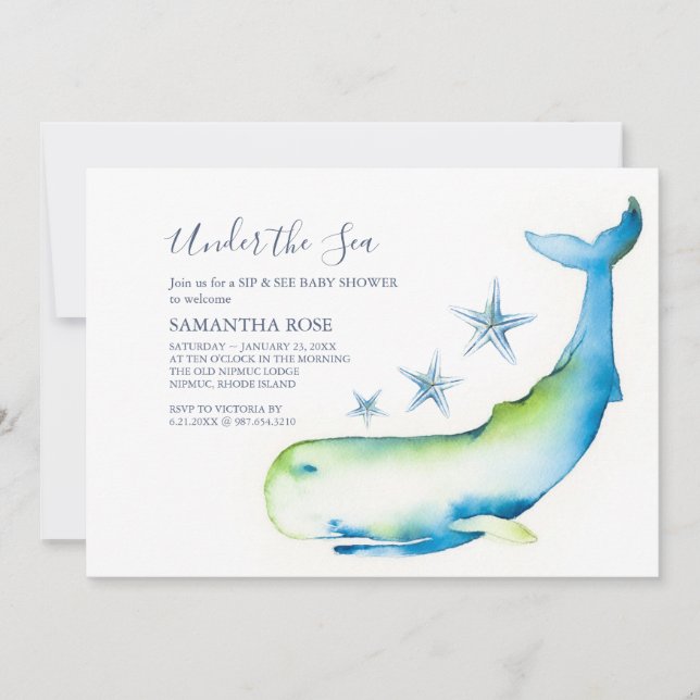 Invitación Cuidada acuarela Blue Whale Sip y ver Baby Shower (Anverso)