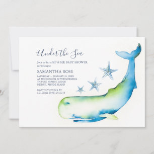 Invitación Cuidada acuarela Blue Whale Sip y ver Baby Shower