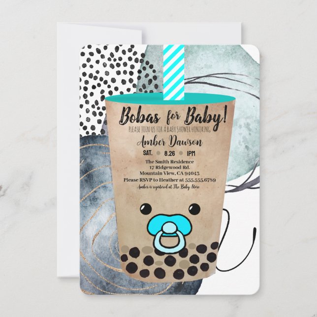 Invitación Cuidada Acuarela Boba Tea Baby Shower Para Niño (Anverso)