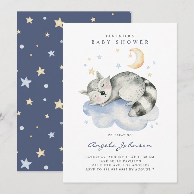 Invitación Cuidada acuarela Dormir Bebé Raccoon Baby Shower (Anverso / Reverso)