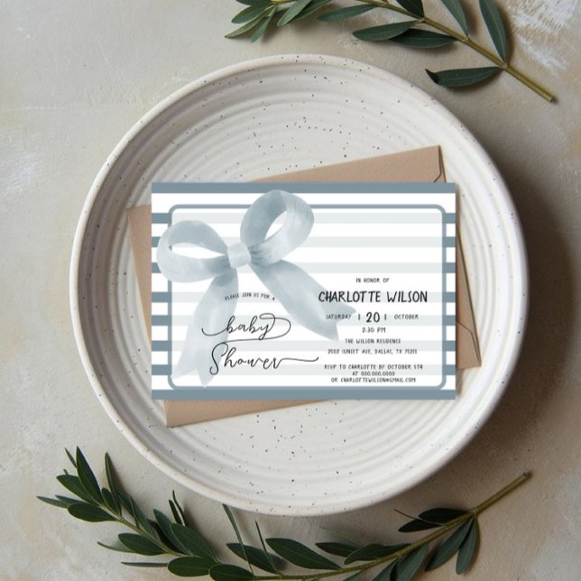 Invitación Cuidada acuarela Dusty Blue Bow Baby Shower (Subido por el creador)