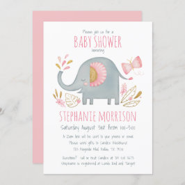 Invitación Cuidada acuarela Elefante Rosa Baby Shower Chica