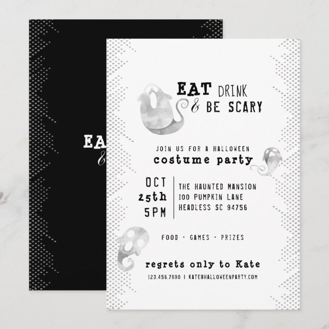 Invitación Cuidada acuarela Fantasma Bebida Comida Ser Asusta (Anverso / Reverso)