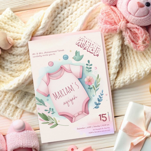 Invitación Cuidada acuarela Floral Bebé Rosa Musulmana Aqiqa (Subido por el creador)