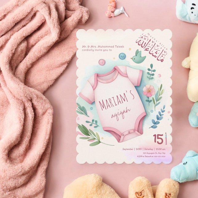 Invitación Cuidada acuarela Floral Bebé Rosa Musulmana Aqiqa (Subido por el creador)