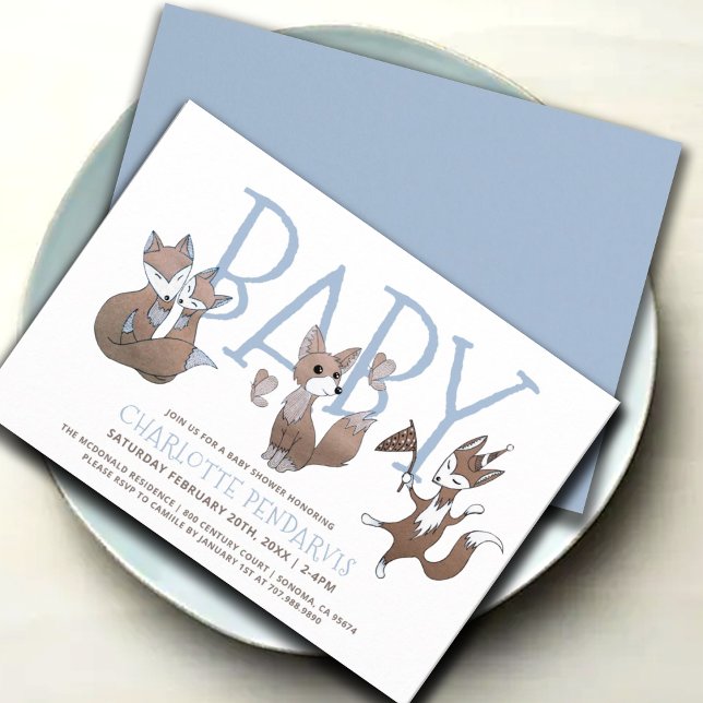 Invitación Cuidada acuarela Foxes Blue Boy Baby Shower (Subido por el creador)