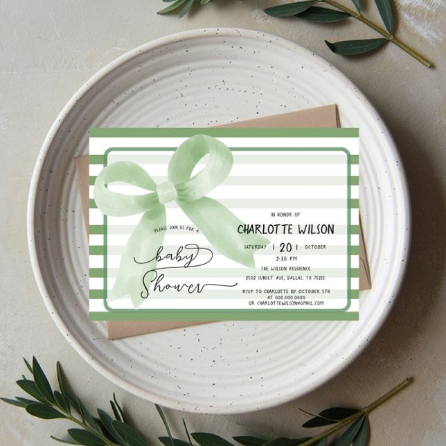 Invitación Cuidada acuarela Green Bow Baby Shower (Subido por el creador)