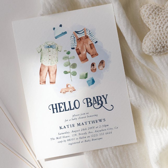 Invitación Cuidada acuarela Hola Baby Boy Baby Shower (Subido por el creador)