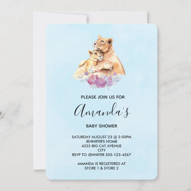 Invitación Cuidada acuarela madre león y lata Baby Shower (Anverso)