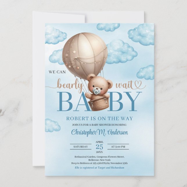Invitación Cuidada acuarela marrón oso de peluche globo de ai (Anverso)