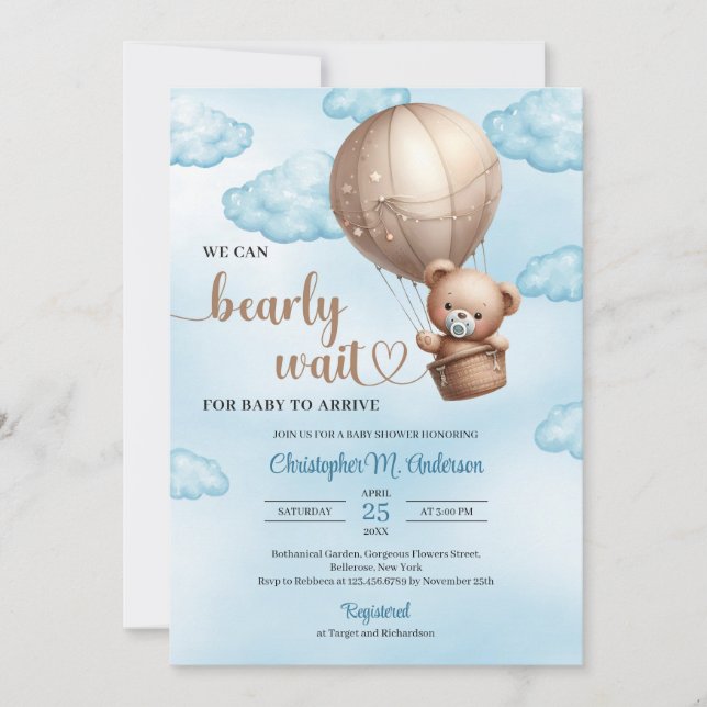 Invitación Cuidada acuarela marrón oso de peluche globo de ai (Anverso)