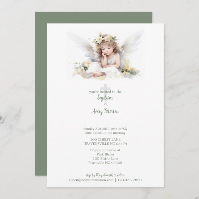 Invitación Cuidada acuarela Niña Ángel Cruce Baptismo (Anverso / Reverso)