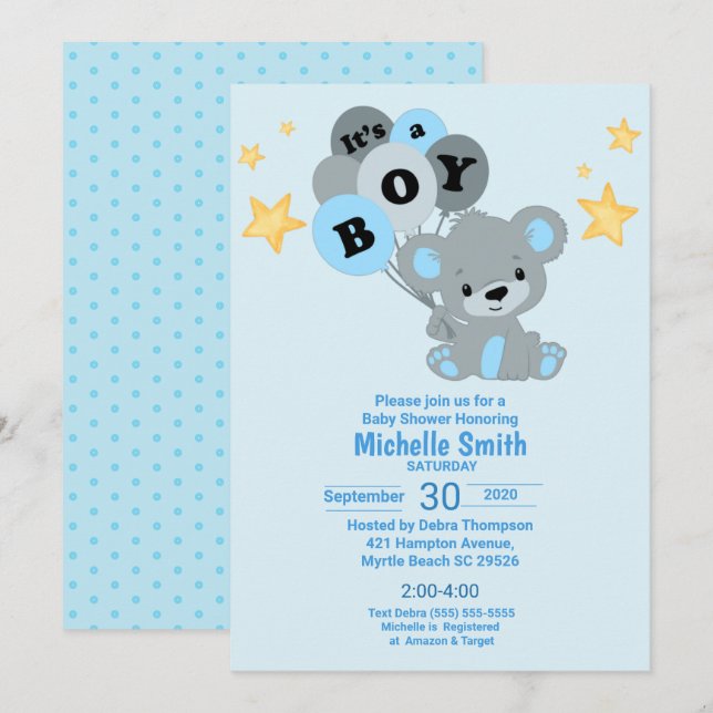 Invitación Cuidada acuarela Oso Azul es un niño globo (Anverso / Reverso)