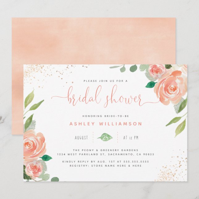 Invitación Cuidada acuarela Peonies y Eucalipto Ducha de Novi (Anverso / Reverso)