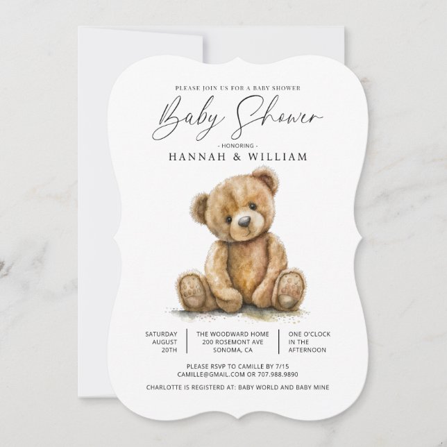 Invitación Cuidada acuarela Pequeño Oso Baby Shower (Anverso)