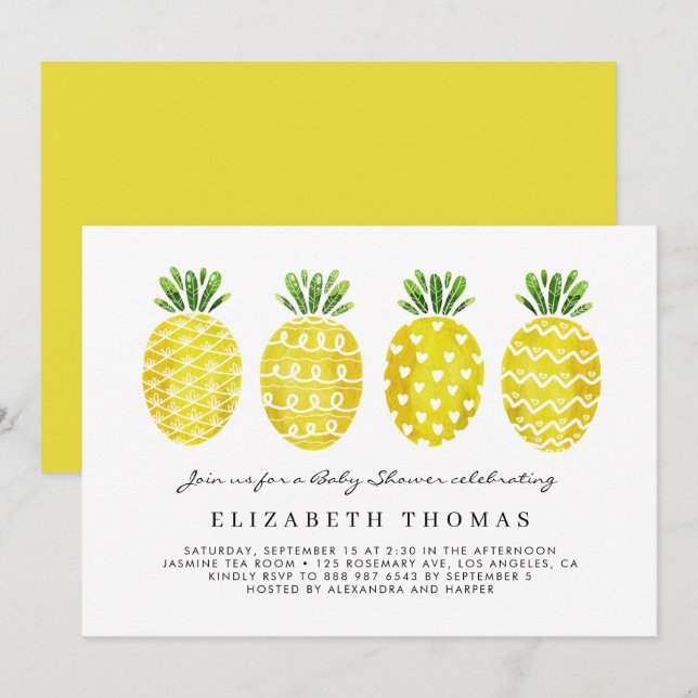 Invitación Cuidada acuarela Pineapples verano Baby Shower (Anverso / Reverso)