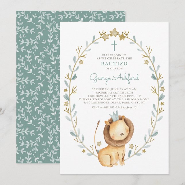 Invitación Cuidada acuarela Príncipe de león niño Bautizo (Anverso / Reverso)