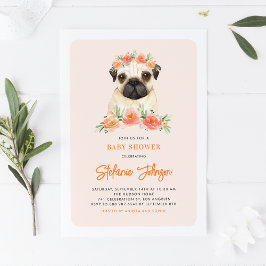 Invitación Cuidada acuarela Pug Peach Floral Baby Shower