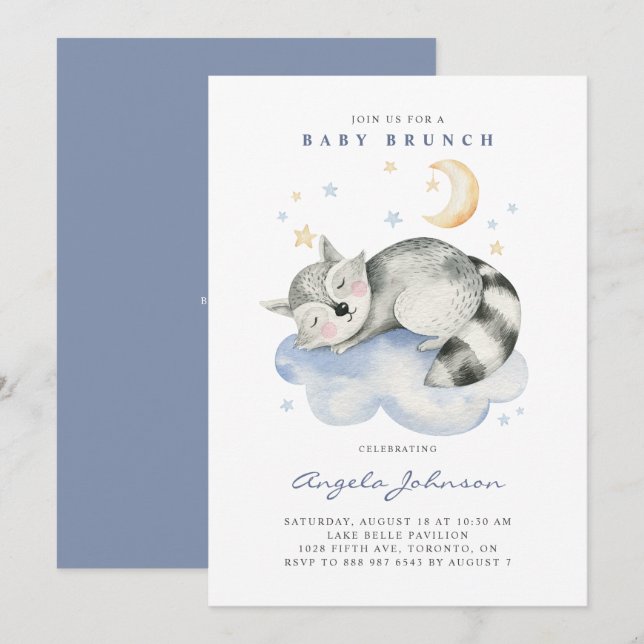 Invitación Cuidada acuarela Raccoon Baby Brunch (Anverso / Reverso)