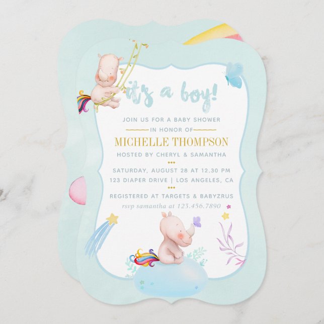 Invitación Cuidada acuarela Rhino Unicornio Bebé Ducha (Anverso / Reverso)